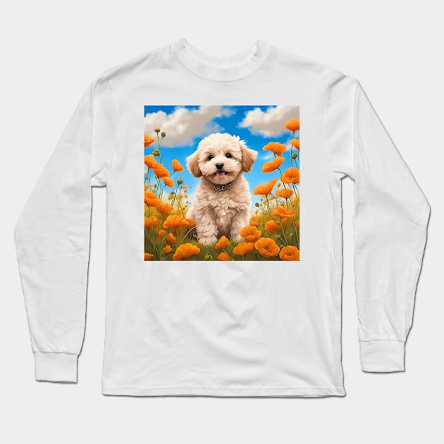 California Poppy Maltipoo Puppy Long Sleeve T-Shirt by Doodle and Things